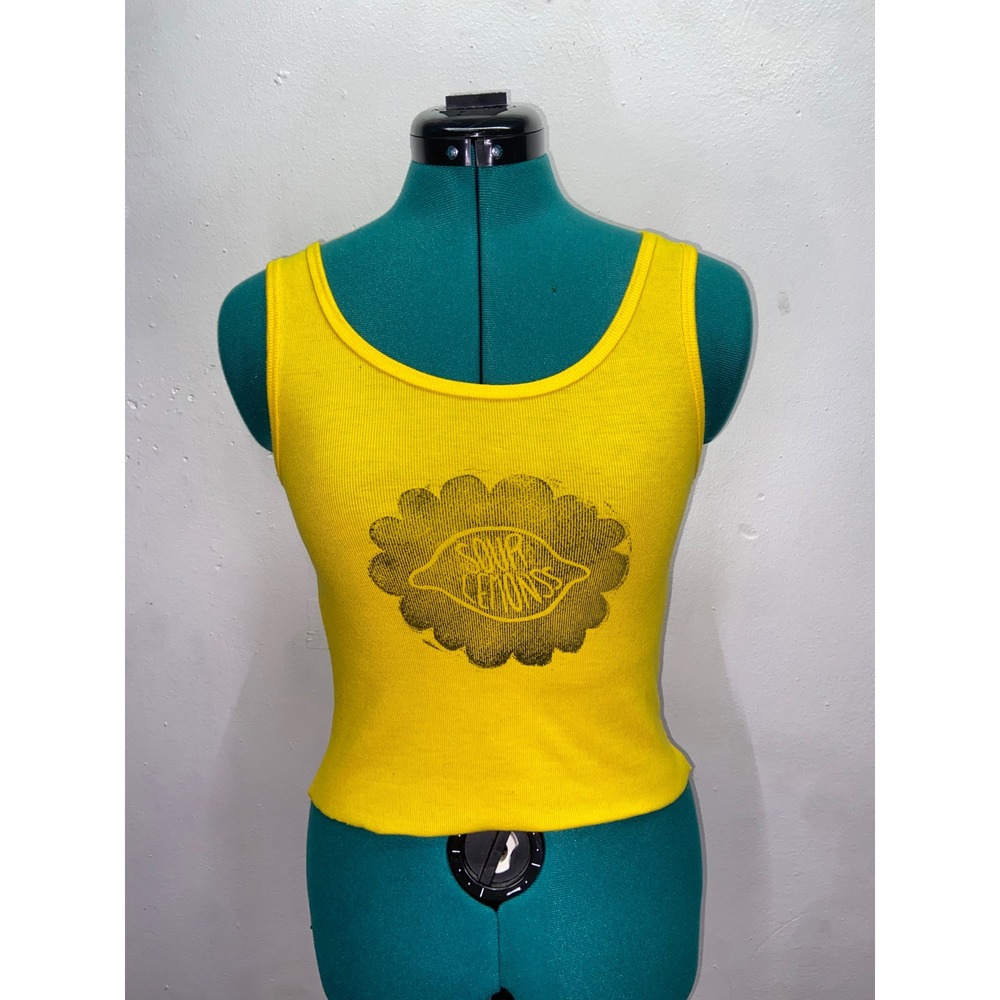 Whimsical Sour Lemonss Graphic Ribbed Tank Top Yellow Artistic Cropped Raw Hem S